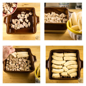 Placing the chicken and bananas in the baking dish for the Flying Jacobs. Placing the chicken and bananas in the baking dish for the Flying Jacobs.