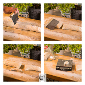 Image showing belyashi dough being cut. Image showing belyashi dough being cut.