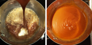 Adding the seafood broth into the roux for the bisque.