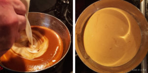 Adding cream to the bisque base.