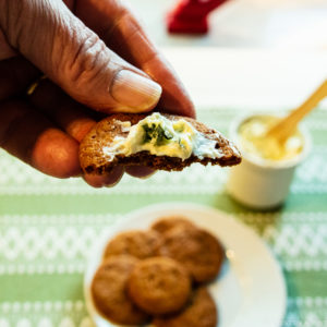Blue cheese on a ginger snap.