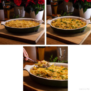 Cooked Jansson's Temptation with smoked salmon.