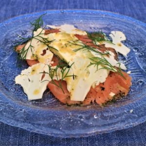 Cured Salmon with Terrine of Cauliflower & Maitre'd Sauce.